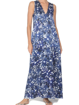 Daisy Print V Neck Silk Satin Long Dress