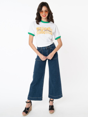 1970s Medium Denim Blue Crop Wide Leg Jeans