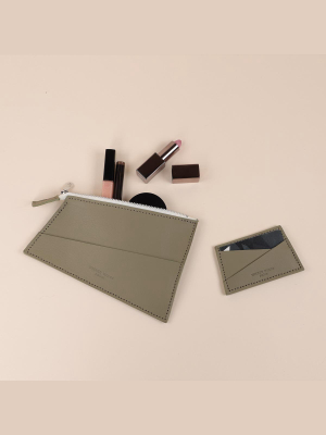 Olive Zipped Pouch & Cardholder Set