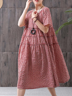 Plus Size - 100%cotton Short Sleeve Plaid Dress