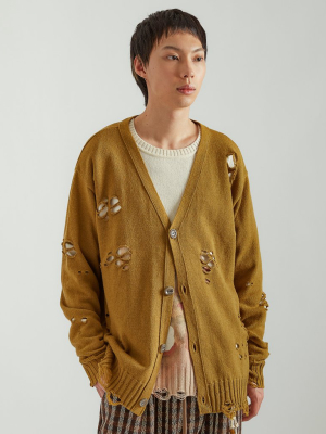 Oversized Distressed Cardigan In Mustard