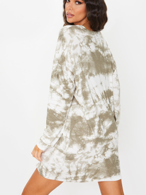 Khaki Tie Dye Long Sleeve T Shirt Dress