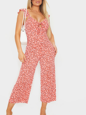 Coral Ditsy Floral Frill Shoulder Culotte Jumpsuit