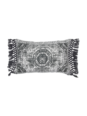 Gray Printed Hand Woven 14 X 22 Inch Decorative Cotton Throw Pillow Cover With Insert And Hand Tied Macrame Fringe - Foreside Home & Garden