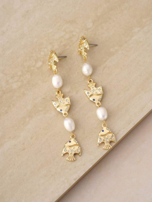 Tropical Fish And Pearl Dangle 18k Gold Plated Earrings