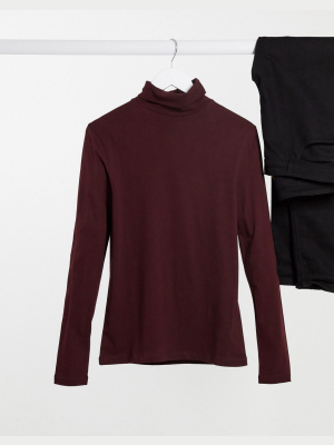 Asos Design Long Sleeve Roll Neck In Brown