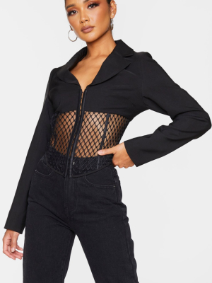 Black Mesh Cut Out Dipped Hem Blazer