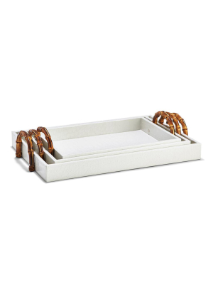 White Crocodile Set Of 3 Decorative Rectangle Trays With Bamboo Handles