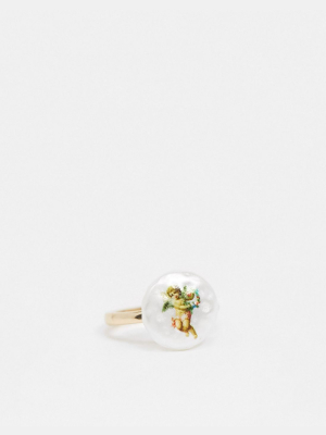 Asos Design Ring With Cherub Printed Pearl In Gold Tone