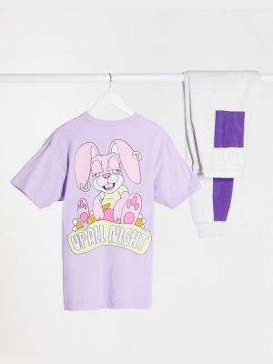 Crooked Tongues Oversized T-shirt With Up All Night Bunny Graphic In Lilac