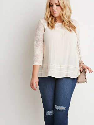 Floral Lace-paneled Crinkled Blouse