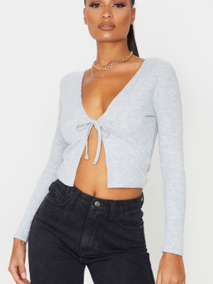 Grey Rib Tie Front Crop Top