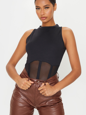 Black Mesh Bodice Panel Detail Bodysuit