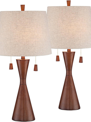 360 Lighting Mid Century Modern Table Lamps Set Of 2 Brown Wood Oatmeal Tapered Drum Shade For Living Room Family Bedroom Bedside