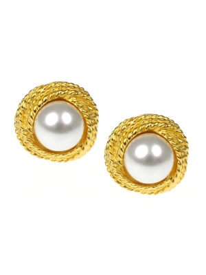 Satin Gold & Pearl Loveknot Clip Earrings