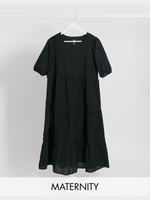 New Look Maternity Broderie Tiered Midaxi Dress In Black