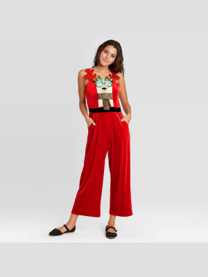 Women's Ugly Holiday Llama Velour Sleeveless Graphic Jumpsuit - Red