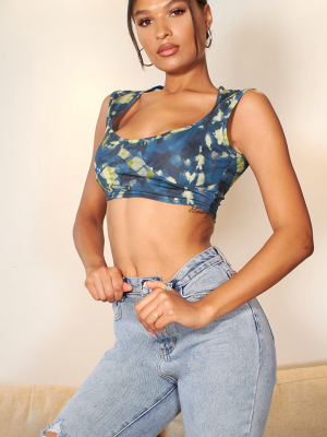 Navy Print Cup Detail Crop Top