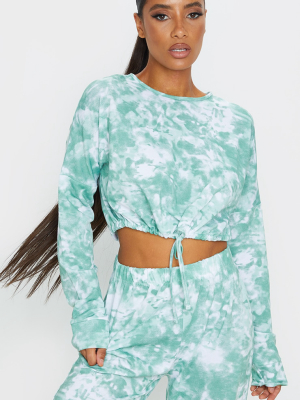 Green Tie Dye Printed Tie Hem Cropped Sweater