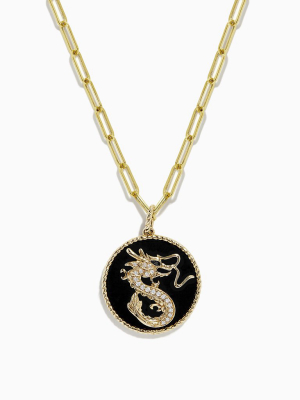 Effy Novelty 14k Yellow Gold Onyx And Diamond Dragon Coin Pendant, 4.62 Tcw