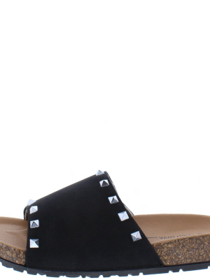 Audrina08 Black Studded Open Toe Flat Slide Sandal