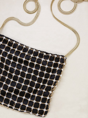 Crystal Criss Cross Chain Bag In Black & Gold