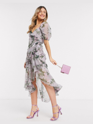 Asos Design Drape Detail Midi Dress With Wrap Skirt And Raw Edge Detail Rose Floral