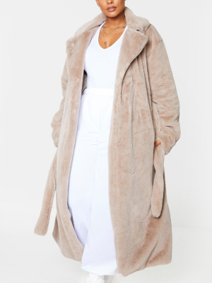 Plus Taupe Belted Faux Fur Coat