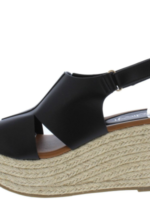 Prema02 Black Peep Toe Cut Out Slingback Espadrille Wedge