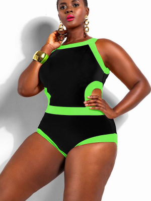 Plus Size Color Block Cutout One Piece Swimsuit