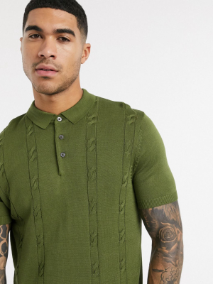 New Look Cable Knitted Polo In Khaki