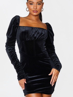 Black Velvet Ruched Sleeve Corset Detail...