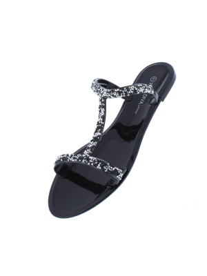 Joanie141 Black Beaded T Strap Open Toe Slide Sandal