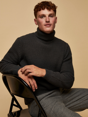 Charcoal Gray Waffle Roll Neck Knitted Sweater