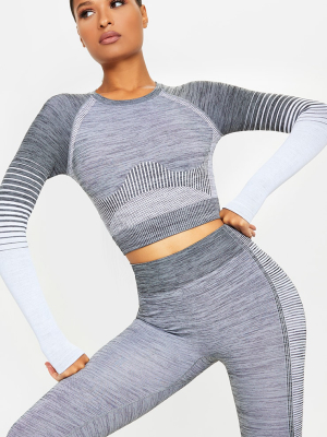 Grey Seamless Stripe Long Sleeve Sports Top