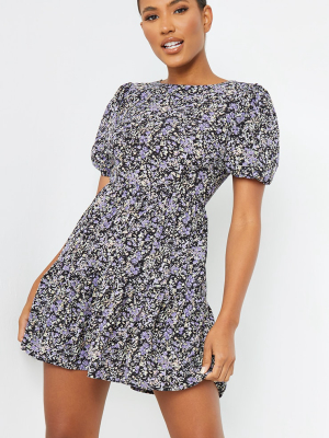 Black Floral Woven Tiered Puff Sleeve Smock Dress