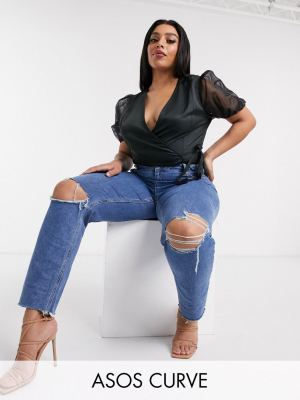 Asos Design Curve Recycled High Rise Farleigh 'slim' Mom Jeans In Dark Wash With Busted Knees