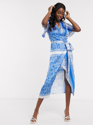 Never Fully Dressed Wrap Front Midi Dress In Blue Scarf Print