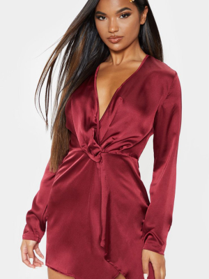 Burgundy Satin Long Sleeve Wrap Dress