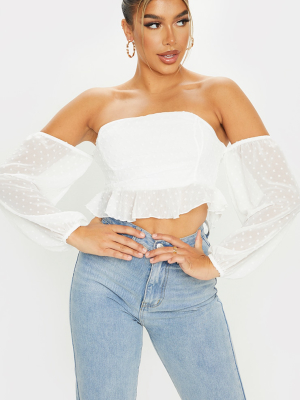 White Dobby Mesh Bardot Frill Hem Crop Top