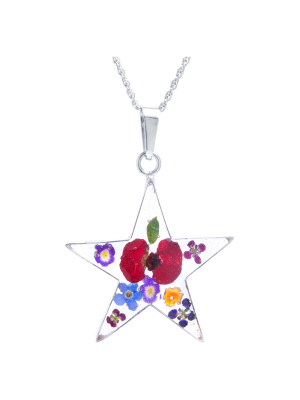 Women's Sterling Silver Pressed Flowers Star Pendant (18")