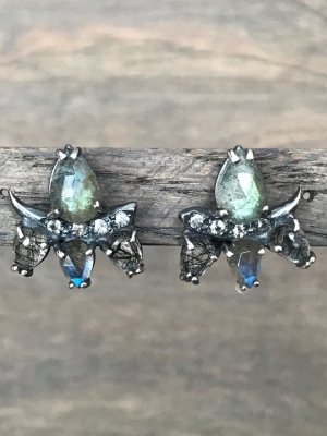 Labradorite And Rutilated Quartz Pear On White Sapphire Pave Horns Earrings