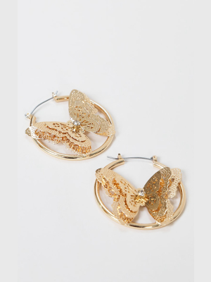 Gold Diamante Butterfly Hoop Earrings