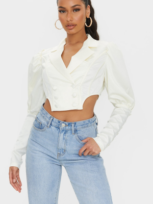 Cream Satin Button Detail Square Hem Cropped Shirt