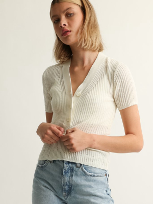 Short Sleeve V Neck Ribbed Knit