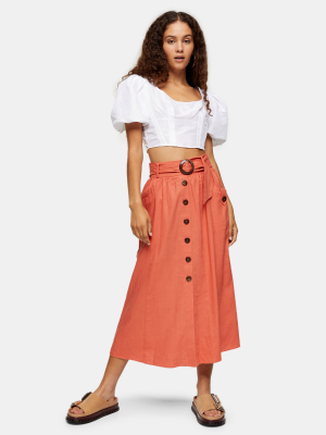 Rust Linen Blend Belted Midi Skirt