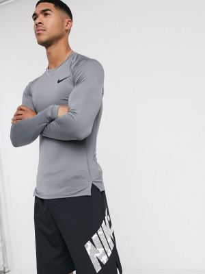 Nike Training Pro Long Sleeve Compression Top In Gray