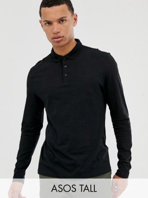 Asos Design Tall Organic Long Sleeve Jersey Polo In Black