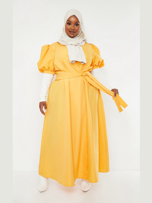 Plus Mustard Woven Puff Sleeve Wrap Tie Midi Dress