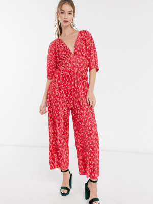 Asos Design Kimono Sleeve Plisse Jumpsuit In Red Floral Print